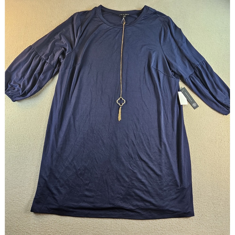 As U Wish Women's 3X Navy Essential Knit Dress Necklace 3/4 Sleeve NWT